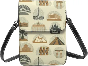 various world sights architectural landmarks retro Crossbody Cell Phone Purse for Women Girls Leather Mini Cross Body Bags Small Shoulder Bags