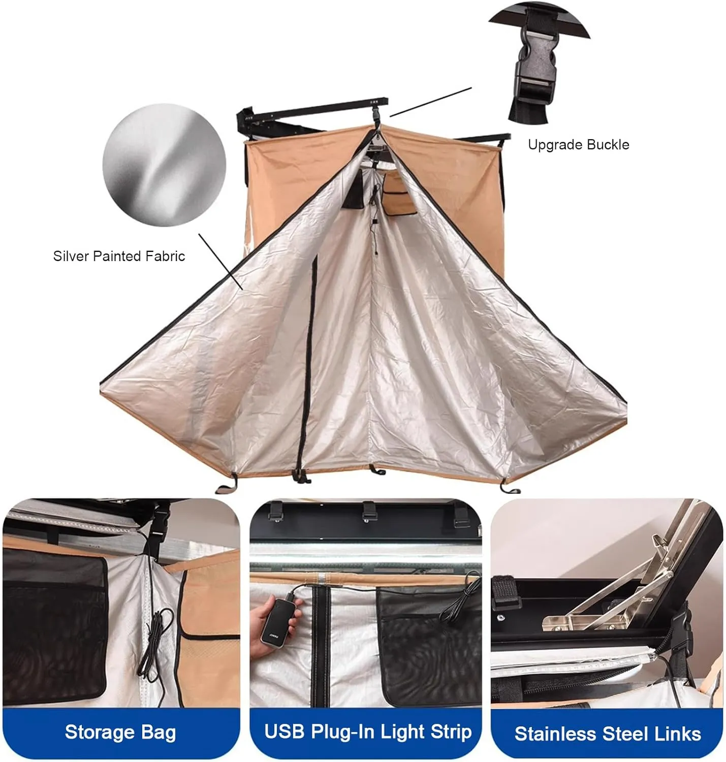 Vehicle Awning Shower Room with LED Light, Car Side Shower Tents, SUV Truck Bathroom/Toilet Tent for Camping Privacy Shelters, Outdoor Portable Instant Changing Room (Khaki 1)