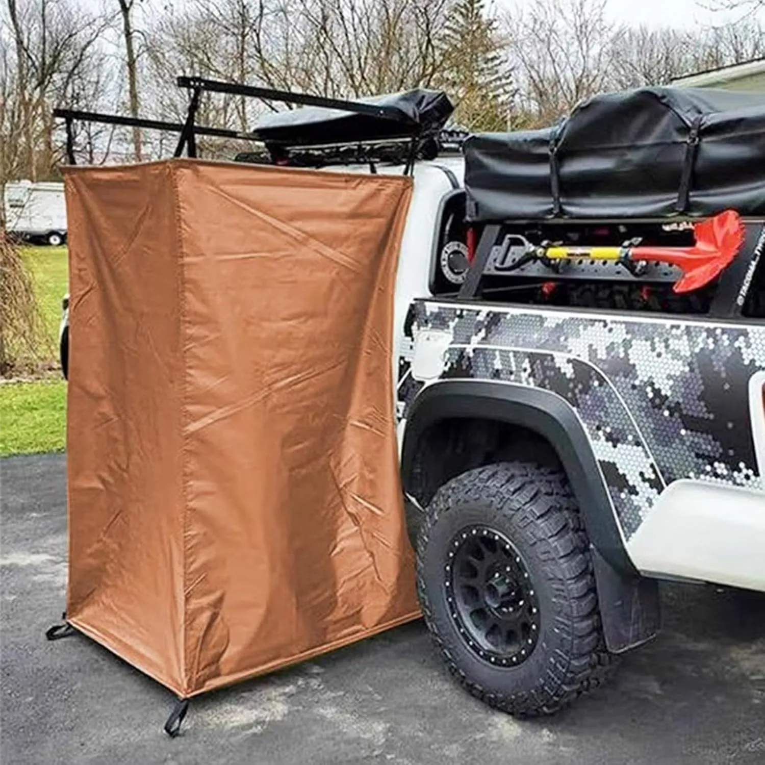 Vehicle Awning Shower Room with LED Light, Car Side Shower Tents, SUV Truck Bathroom/Toilet Tent for Camping Privacy Shelters, Outdoor Portable Instant Changing Room (Khaki 1)