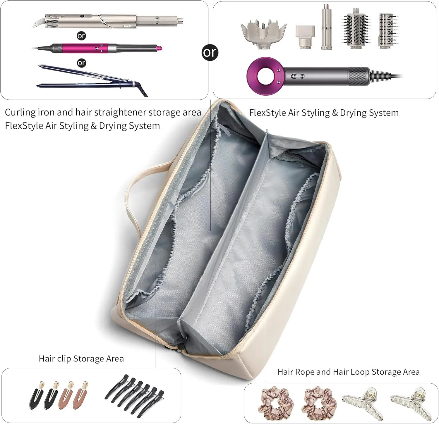 Veki Travel Storage Case for Dyson Airwrap Styler, Large Opening Travel Storage Bag Compatible for Shark Flexstyle Air Styling & Drying System, Portable Carrying Organizer for Hair Curler (Deep Black)