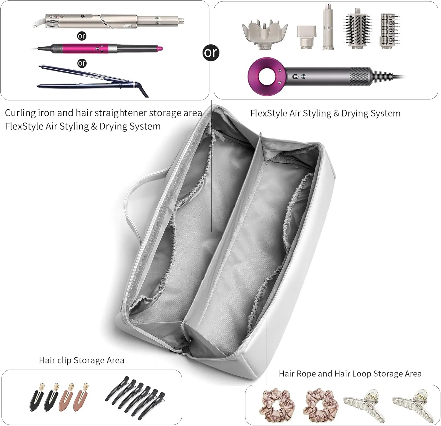 Veki Travel Storage Case for Dyson Airwrap Styler, Large Opening Travel Storage Bag Compatible for Shark Flexstyle Air Styling & Drying System, Portable Carrying Organizer for Hair Curler (Grey)