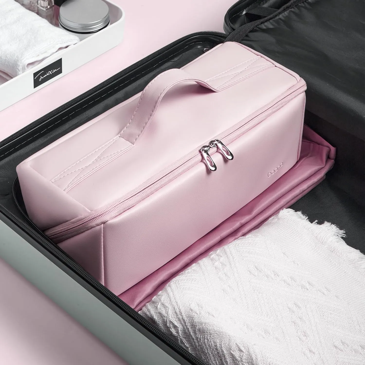 Veki Travel Storage Case for Dyson Airwrap Styler, Large Opening Travel Storage Bag Compatible for Shark Flexstyle Air Styling & Drying System, Portable Carrying Organizer for Hair Curler (Pink)