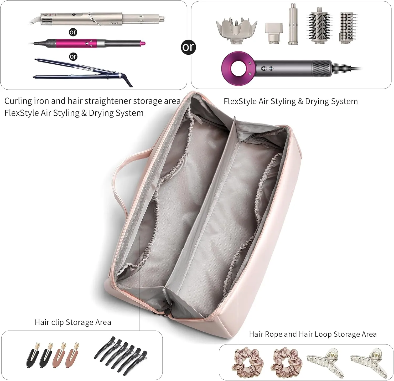 Veki Travel Storage Case for Dyson Airwrap Styler, Large Opening Travel Storage Bag Compatible for Shark Flexstyle Air Styling & Drying System, Portable Carrying Organizer for Hair Curler (Pink)