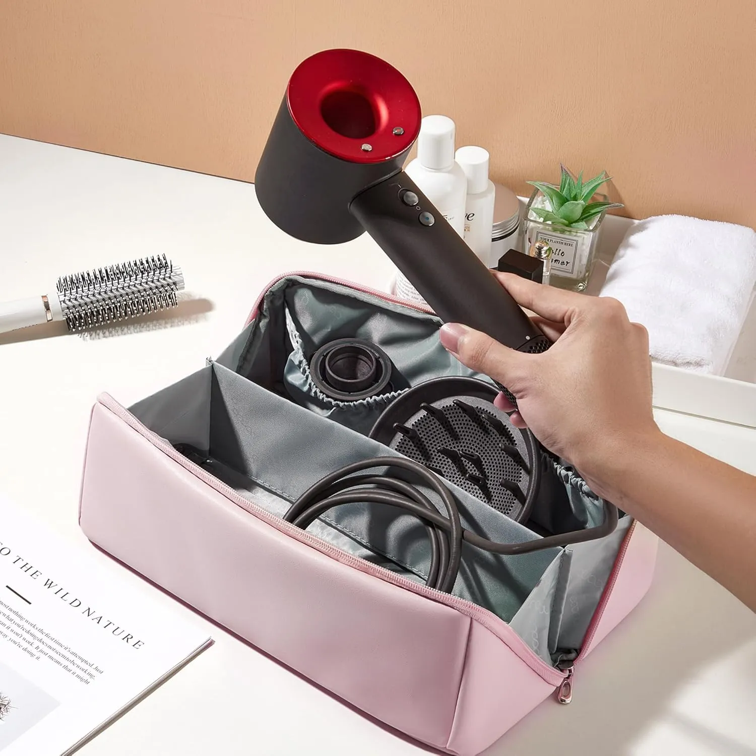 Veki Travel Storage Case for Dyson Airwrap Styler, Large Opening Travel Storage Bag Compatible for Shark Flexstyle Air Styling & Drying System, Portable Carrying Organizer for Hair Curler (Pink)
