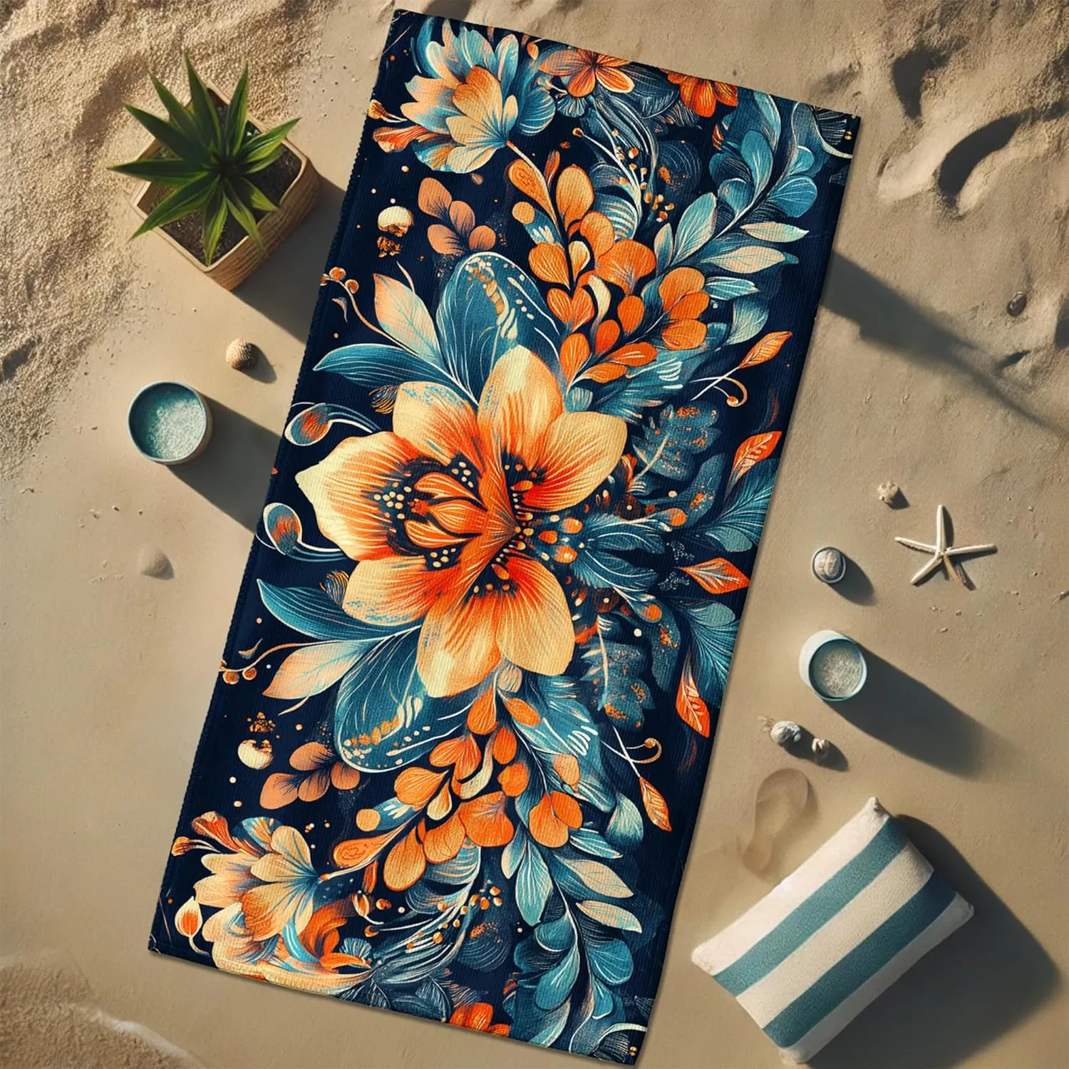 Vibrant Floral Microfiber Beach Towel Extra Large Blue with Orange Tropical Pattern Bath Towel, Quick Dry Sand Free Oversize Lightweight Beach Blanket, Summer Vacation Picnic Essentials 62x31 Inch