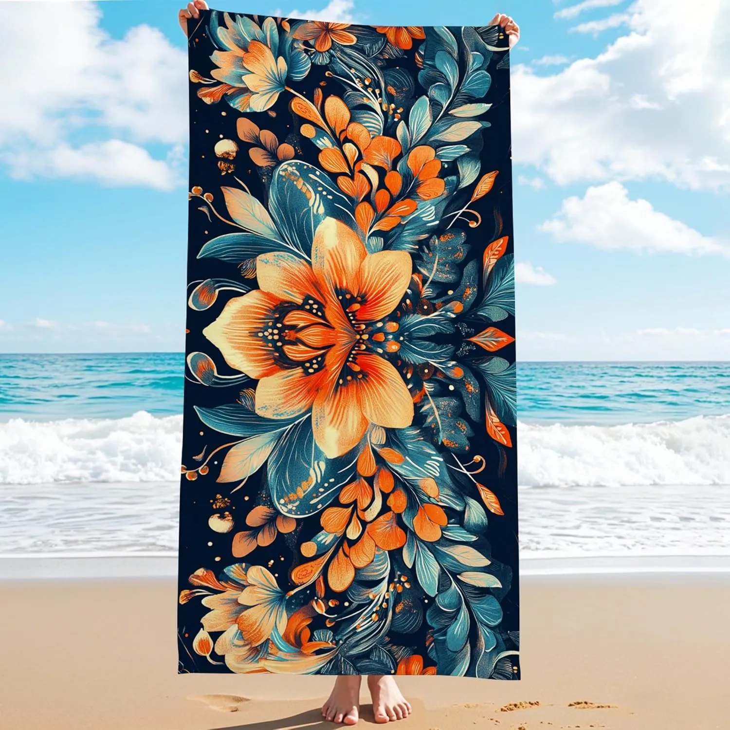 Vibrant Floral Microfiber Beach Towel Extra Large Blue with Orange Tropical Pattern Bath Towel, Quick Dry Sand Free Oversize Lightweight Beach Blanket, Summer Vacation Picnic Essentials 62x31 Inch