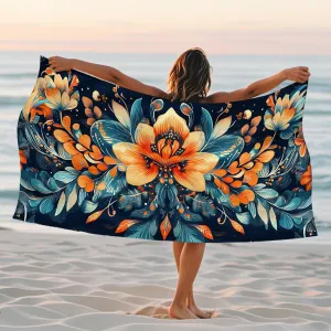 Vibrant Floral Microfiber Beach Towel Extra Large Blue with Orange Tropical Pattern Bath Towel, Quick Dry Sand Free Oversize Lightweight Beach Blanket, Summer Vacation Picnic Essentials 62x31 Inch