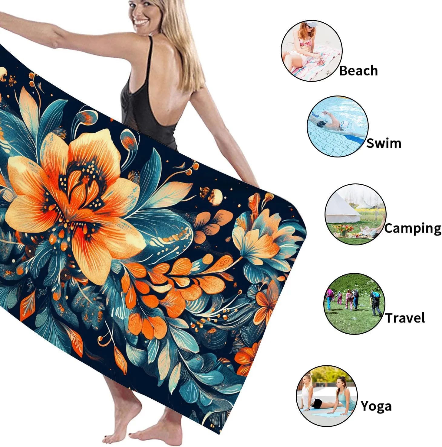 Vibrant Floral Microfiber Beach Towel Extra Large Blue with Orange Tropical Pattern Bath Towel, Quick Dry Sand Free Oversize Lightweight Beach Blanket, Summer Vacation Picnic Essentials 62x31 Inch