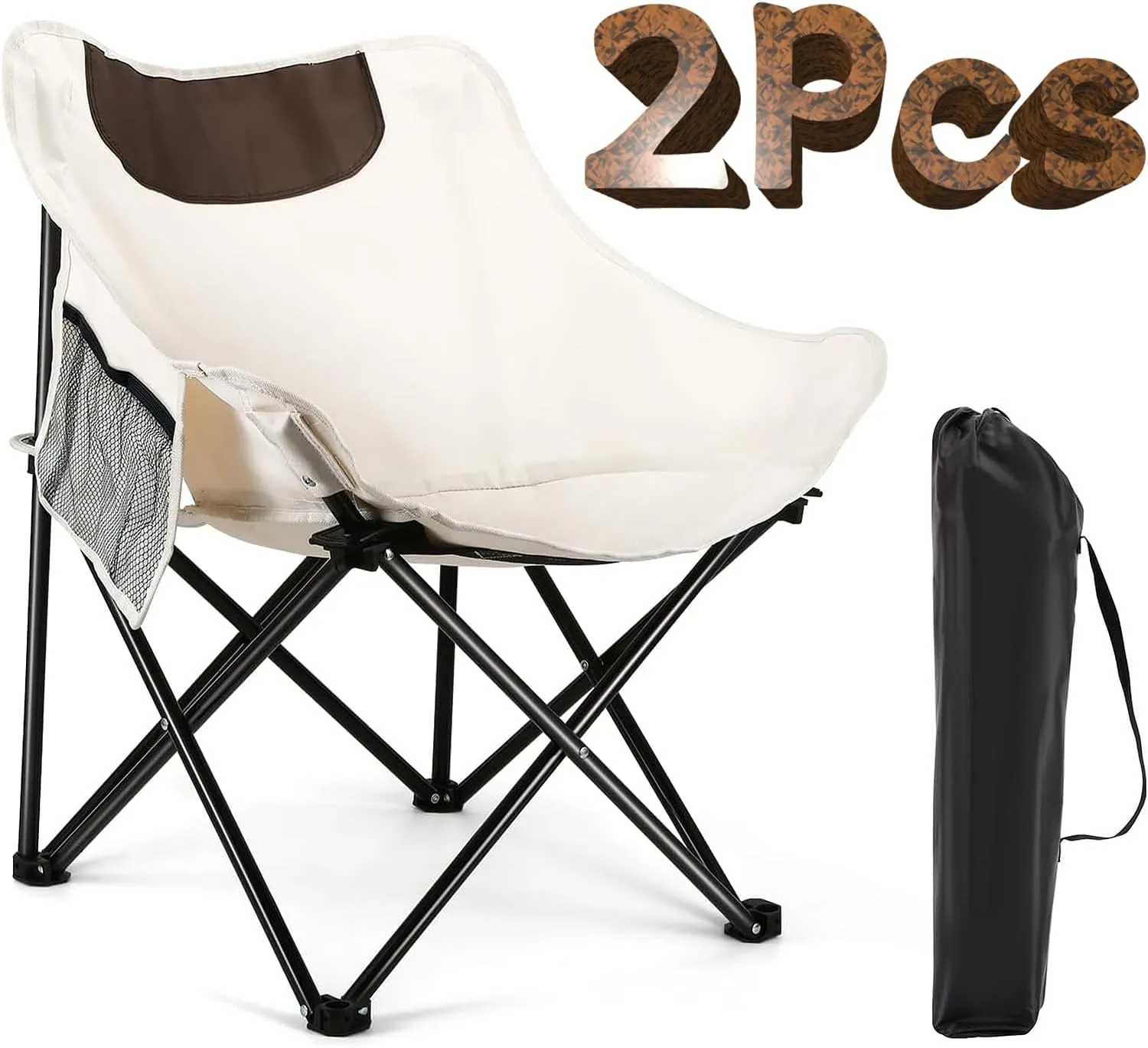 VIC 2Pcs Folding Moon Chair, Portable Lightweight Camping Chair with Side Pocket, Foldable Backpacking Chair Ultra Durable for Outdoor Hiking Beach Travel with Carrying Bag, Supports up to 300LBS