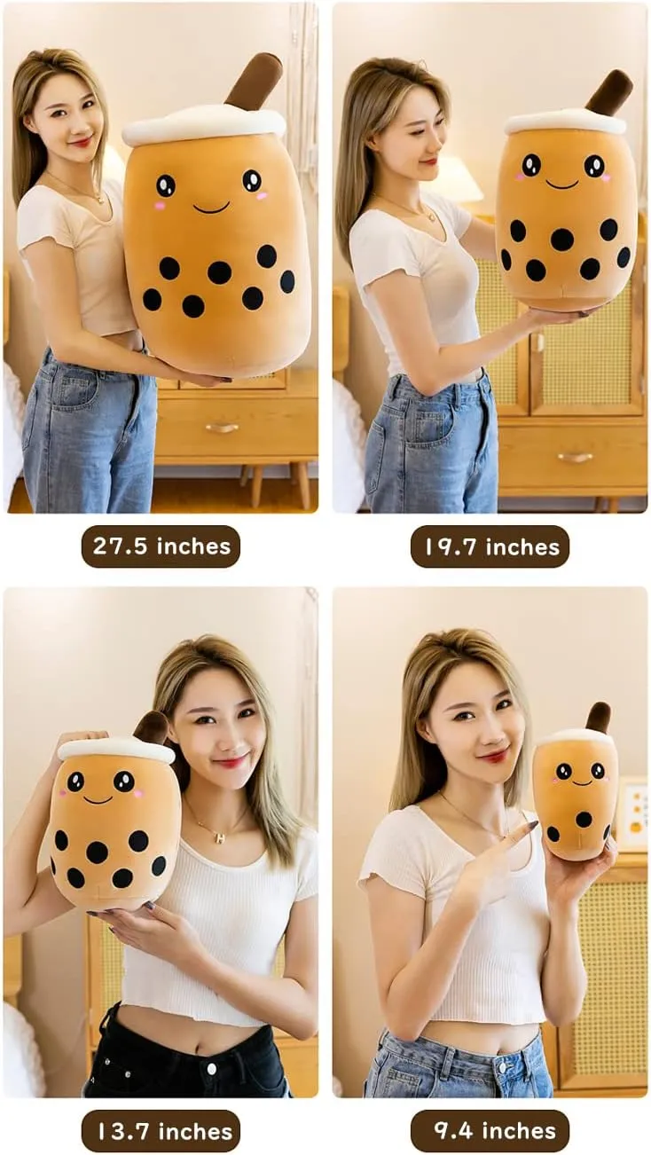 VICKYPOP Cute Bubble Tea Plush Toy Stuffed Boba Food Shaped Pillow Cushion Cartoon Fruit Milk Tea Gift for Kids (White Open Eyes, 13.7 inch)