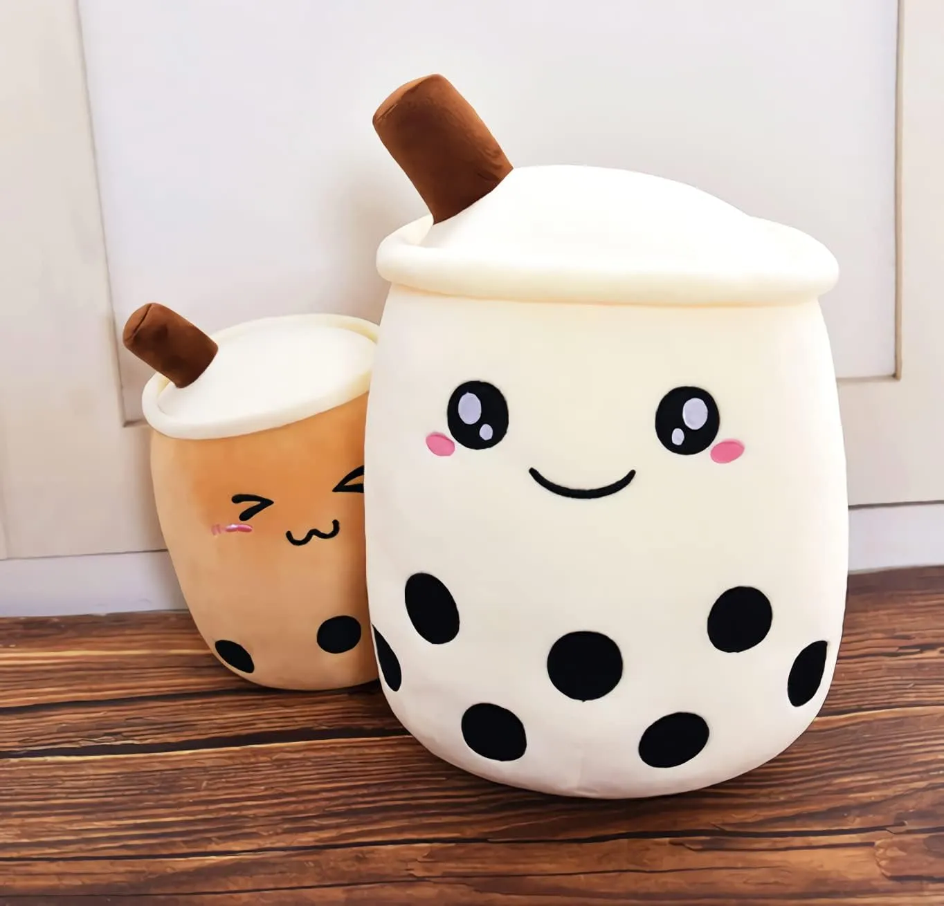 VICKYPOP Cute Bubble Tea Plush Toy Stuffed Boba Food Shaped Pillow Cushion Cartoon Fruit Milk Tea Gift for Kids (White Open Eyes, 13.7 inch)