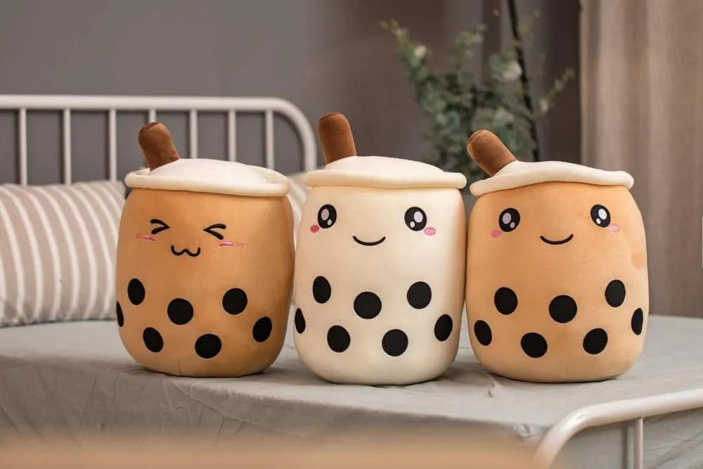 VICKYPOP Cute Bubble Tea Plush Toy Stuffed Boba Food Shaped Pillow Cushion Cartoon Fruit Milk Tea Gift for Kids (White Open Eyes, 13.7 inch)