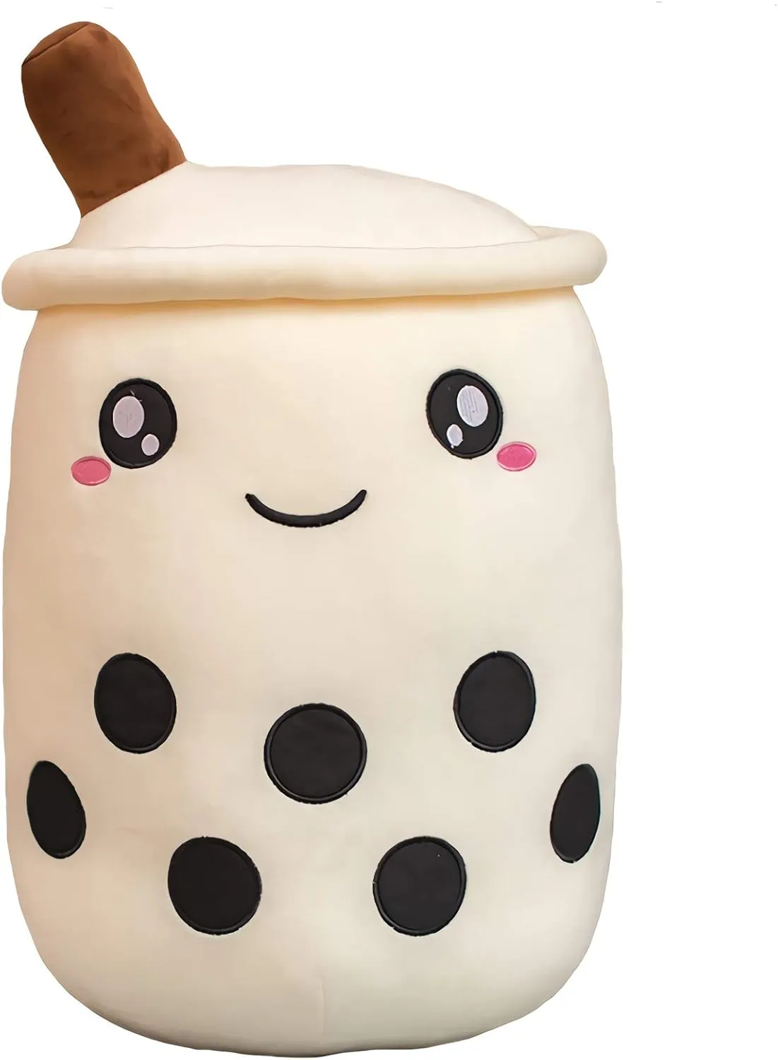 VICKYPOP Cute Bubble Tea Plush Toy Stuffed Boba Food Shaped Pillow Cushion Cartoon Fruit Milk Tea Gift for Kids (White Open Eyes, 13.7 inch)