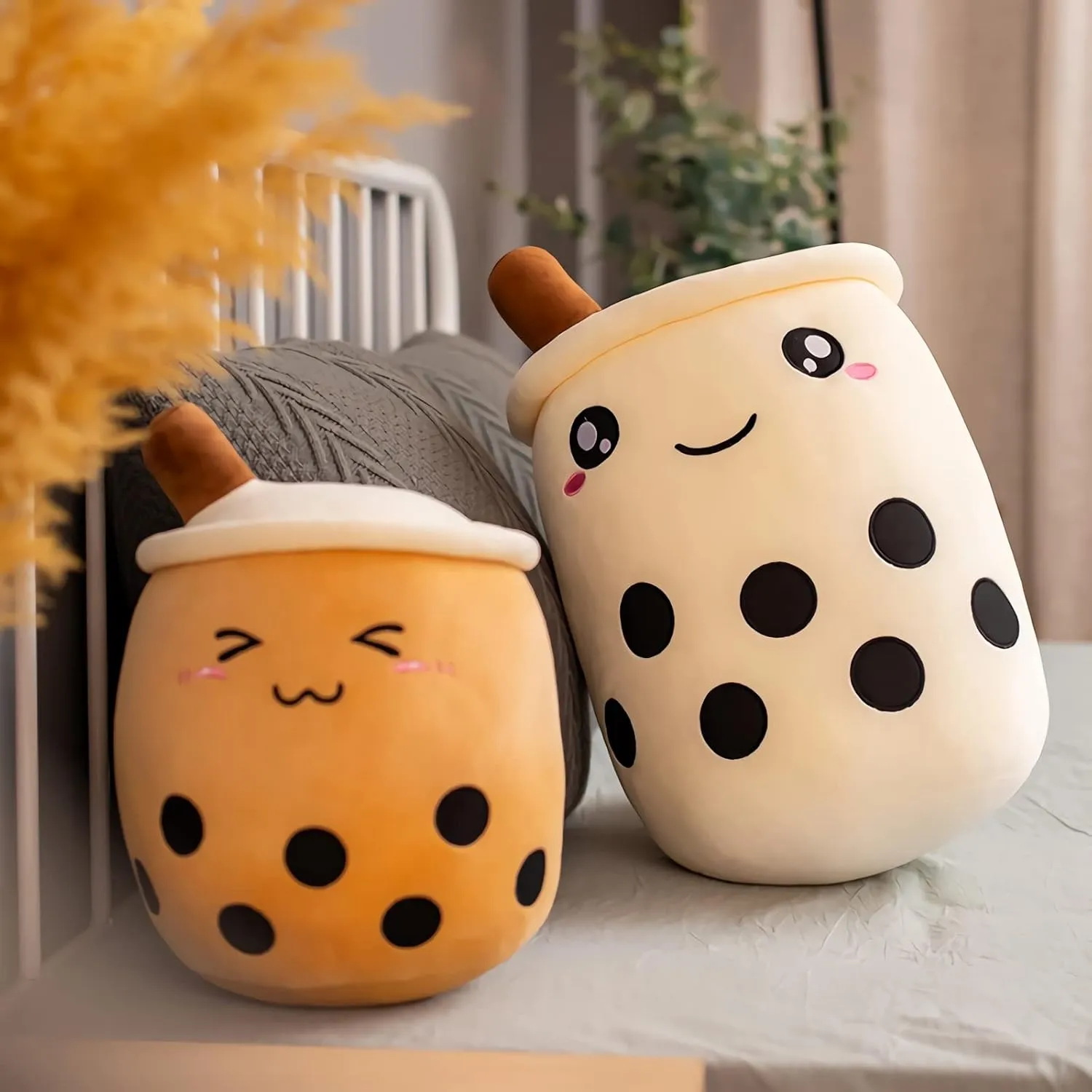 VICKYPOP Cute Bubble Tea Plush Toy Stuffed Boba Food Shaped Pillow Cushion Cartoon Fruit Milk Tea Gift for Kids (White Open Eyes, 13.7 inch)