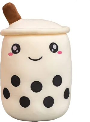 VICKYPOP Cute Bubble Tea Plush Toy Stuffed Boba Food Shaped Pillow Cushion Cartoon Fruit Milk Tea Gift for Kids (White Open Eyes, 13.7 inch)