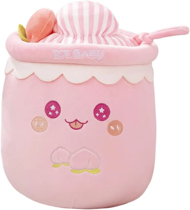 VICKYPOP Ice Boba Plush Toy Cute Fruit Bubble Tea Stuffed Throw Pillow Cushion Cartoon Food Shape Milk Tea Plush Gift for Child (Pink-peach, 11.8‘’/30cm)
