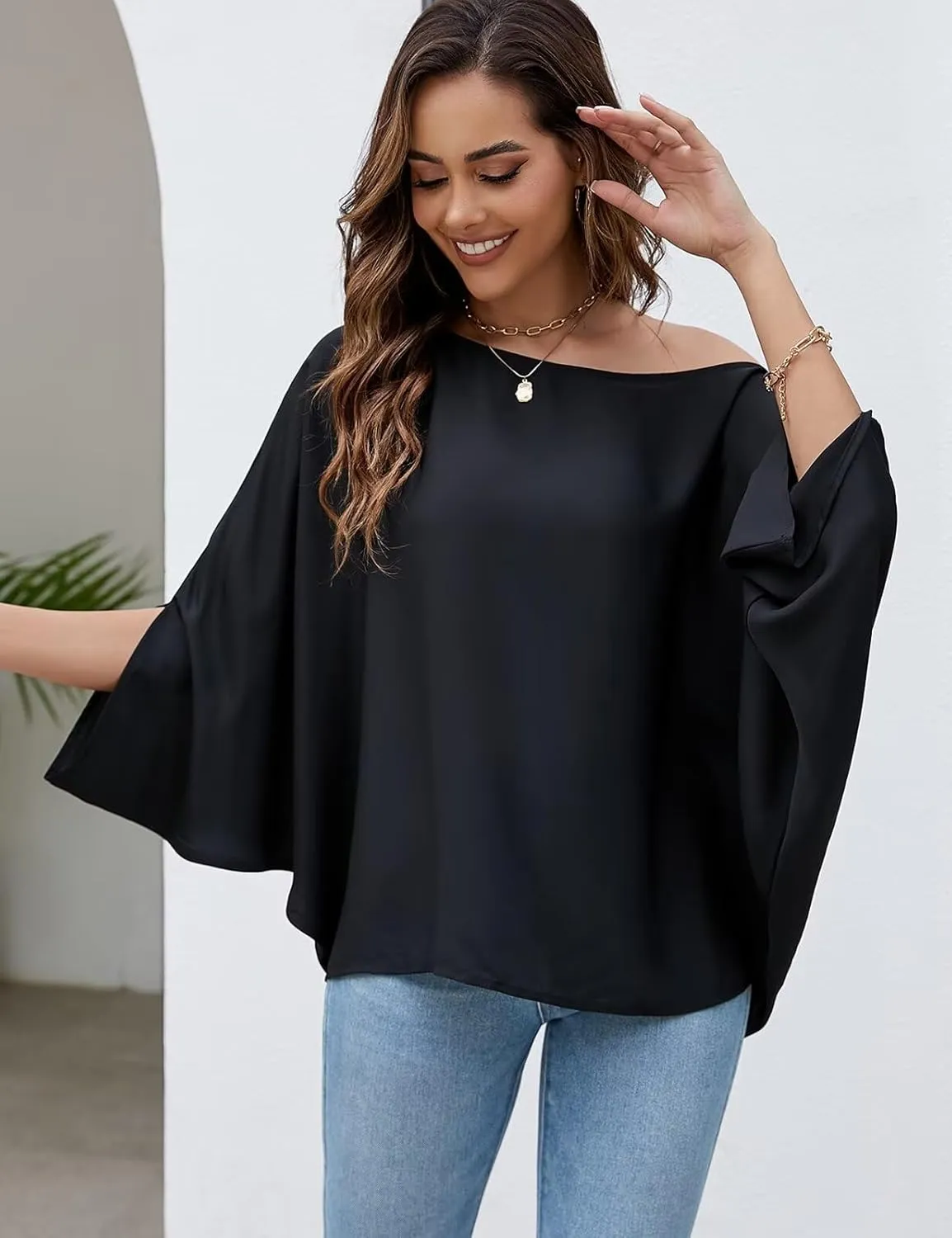 VIMPUNEC Womens Off The Shoulder Flowy Tops Casual Batwing Sleeves Blouses Loose Chiffon Shirts