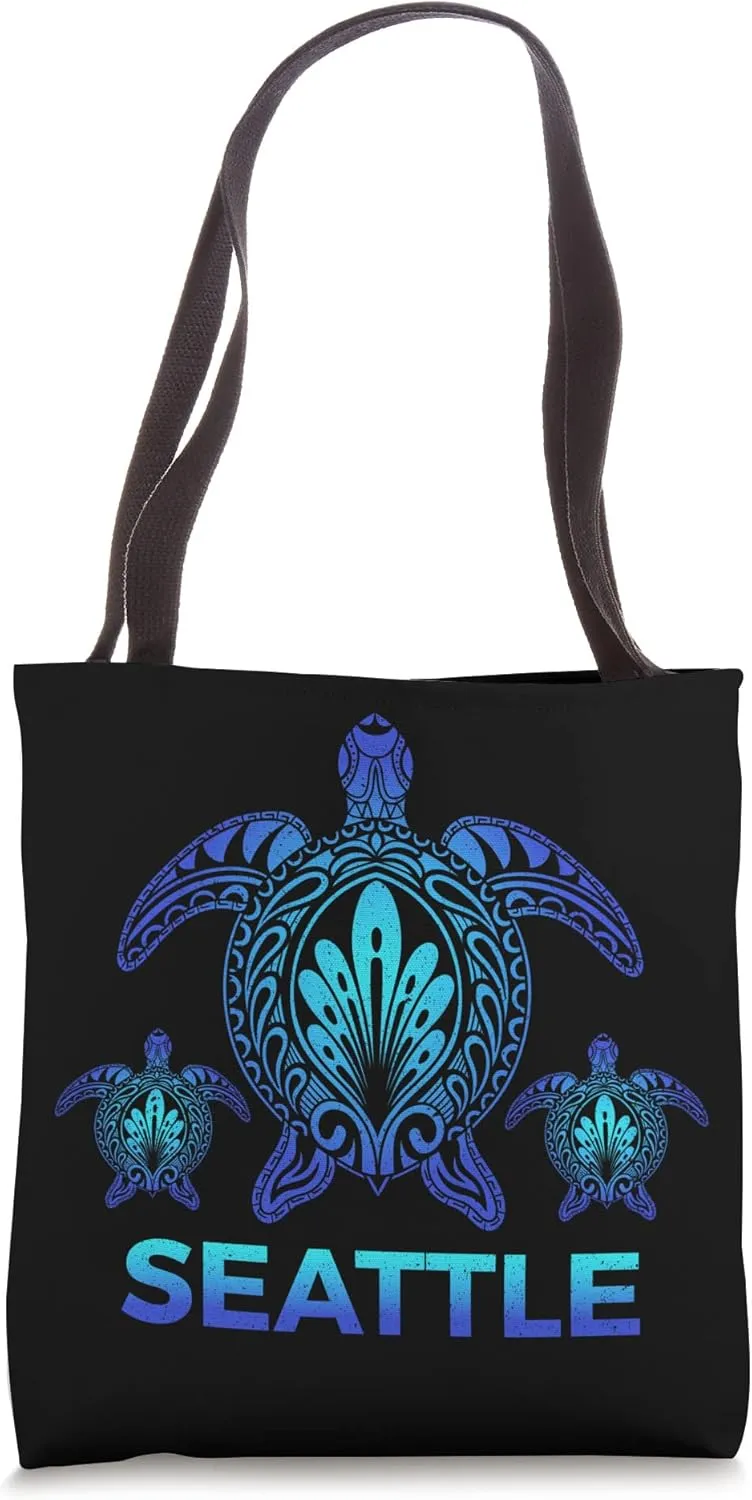 Vintage Seattle Washington Ocean Blue Sea Turtle Souvenirs Tote Bag
