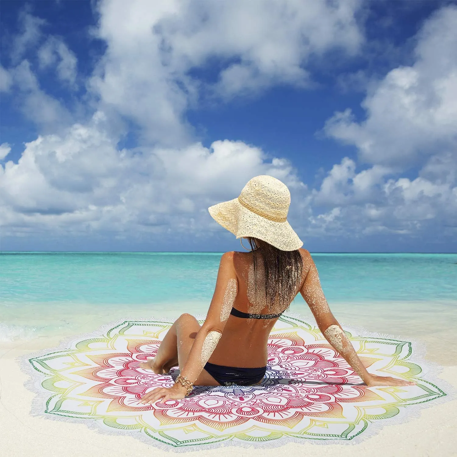 Violet Mist Mandala Round Beach Towel Blanket, Oversized Circle Microfiber Hippie Boho Bohemian Sandproof Flower Towel, Soft 60 inch Beach Towels with Tassels for Women Adult Swim Pool Yoga,Colorful