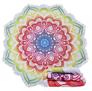 Violet Mist Mandala Round Beach Towel Blanket, Oversized Circle Microfiber Hippie Boho Bohemian Sandproof Flower Towel, Soft 60 inch Beach Towels with Tassels for Women Adult Swim Pool Yoga,Colorful