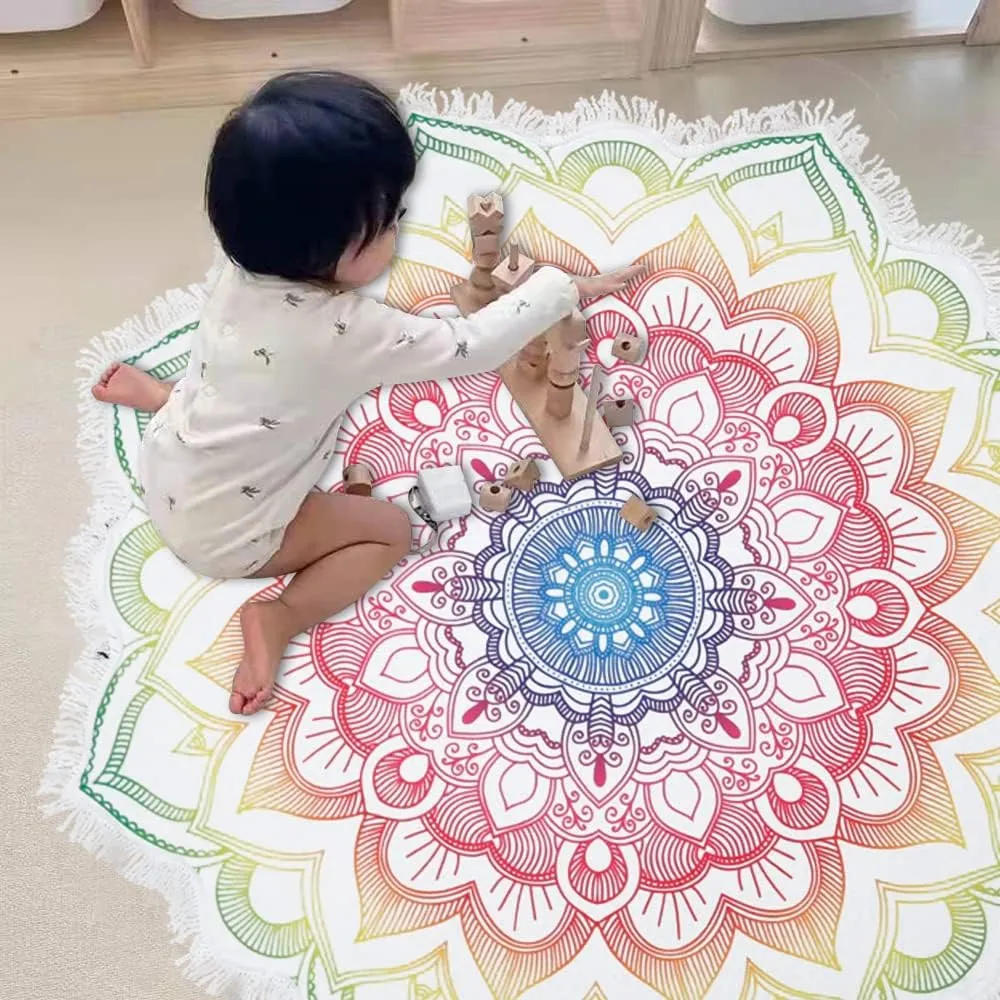 Violet Mist Mandala Round Beach Towel Blanket, Oversized Circle Microfiber Hippie Boho Bohemian Sandproof Flower Towel, Soft 60 inch Beach Towels with Tassels for Women Adult Swim Pool Yoga,Colorful