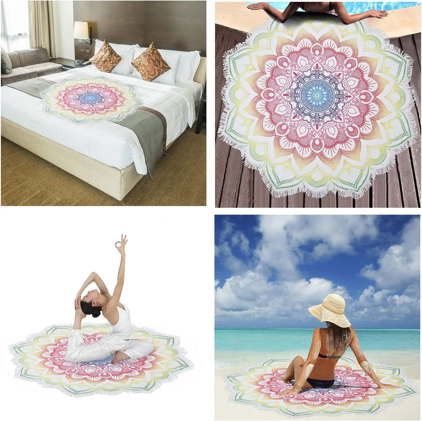Violet Mist Mandala Round Beach Towel Blanket, Oversized Circle Microfiber Hippie Boho Bohemian Sandproof Flower Towel, Soft 60 inch Beach Towels with Tassels for Women Adult Swim Pool Yoga,Colorful
