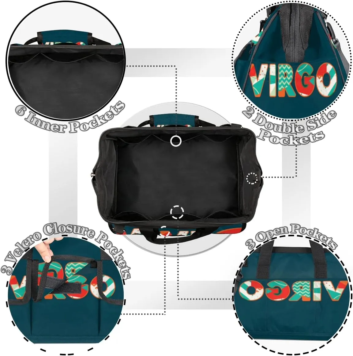 Virgo Tool Bag for Men Women Heavy Duty Multi-Pockets Wide Mouth Tool Tote Waterproof Tool Bag Organizer with Adjustable Shoulder Strap