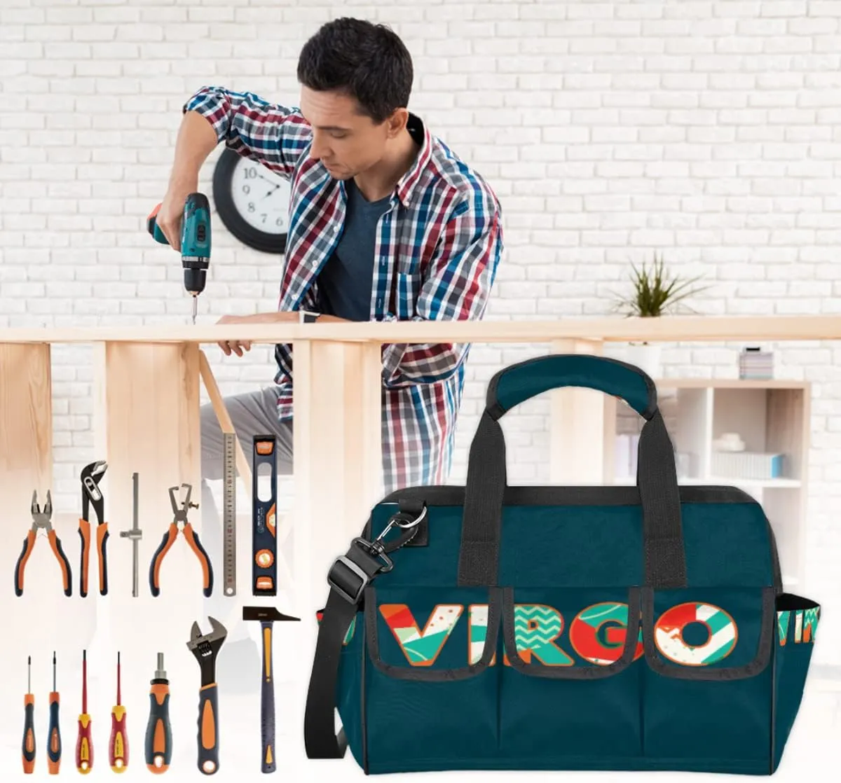 Virgo Tool Bag for Men Women Heavy Duty Multi-Pockets Wide Mouth Tool Tote Waterproof Tool Bag Organizer with Adjustable Shoulder Strap