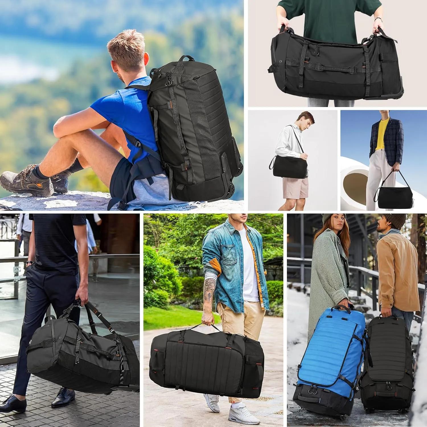 Vomgomfom 86L Collapsible Wheeled Luggage With Removable Backpack Straps,Waterproof Rolling Duffle Bag with Quilted Base,Black