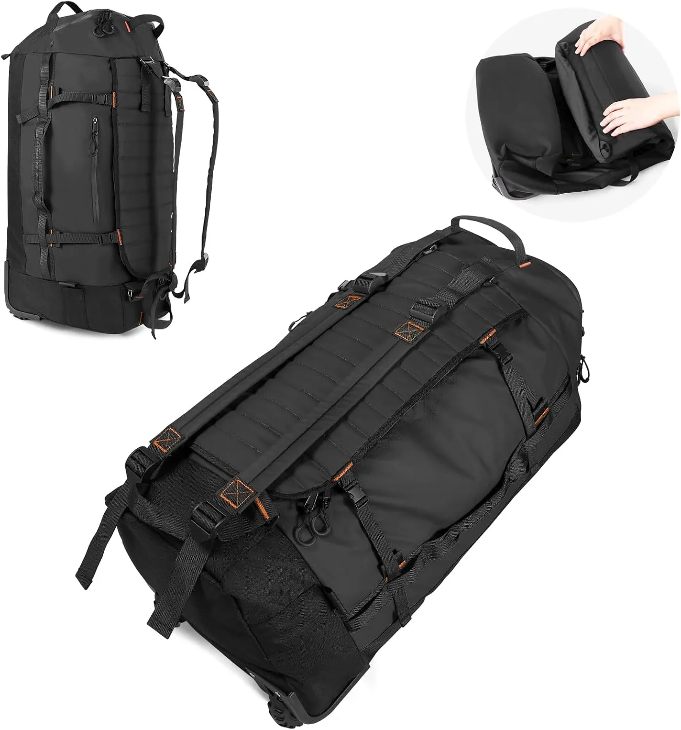 Vomgomfom 86L Collapsible Wheeled Luggage With Removable Backpack Straps,Waterproof Rolling Duffle Bag with Quilted Base,Black
