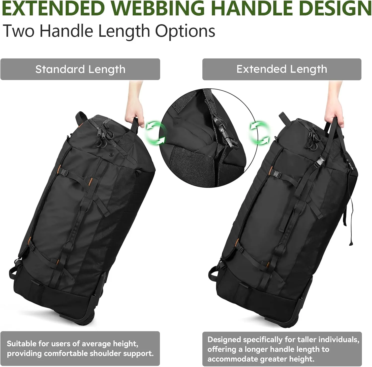 Vomgomfom 86L Collapsible Wheeled Luggage With Removable Backpack Straps,Waterproof Rolling Duffle Bag with Quilted Base,Black