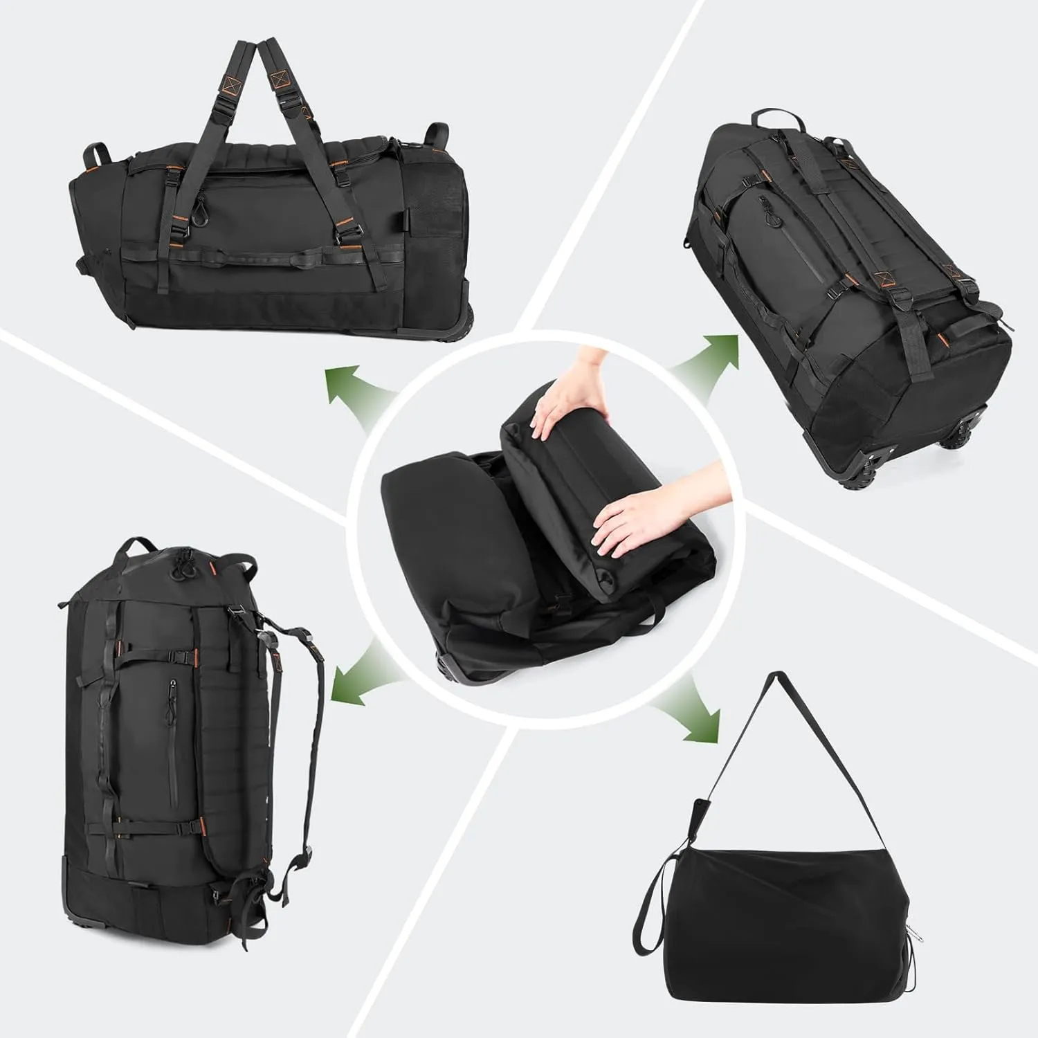 Vomgomfom 86L Collapsible Wheeled Luggage With Removable Backpack Straps,Waterproof Rolling Duffle Bag with Quilted Base,Black