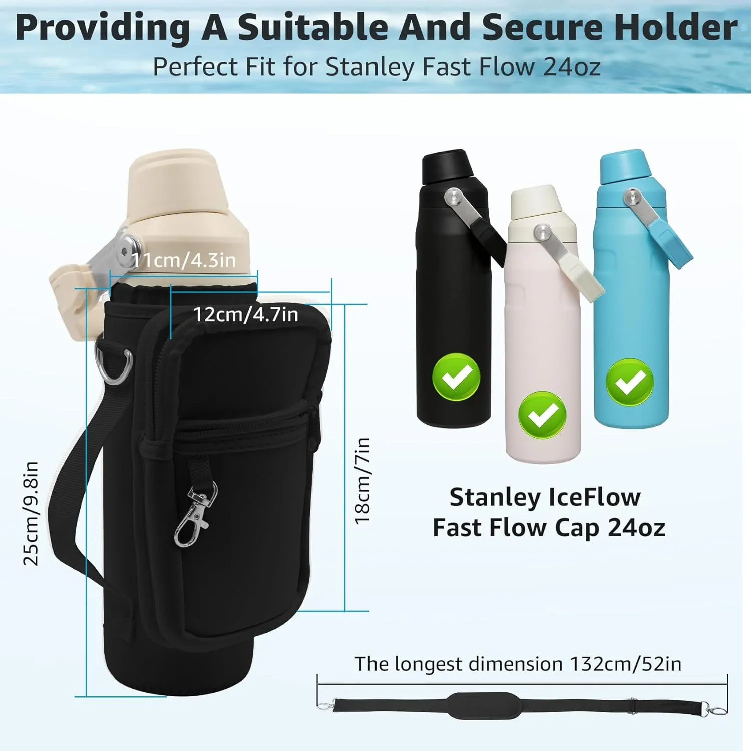 Water Bottle Holder with Phone Pocket for 24oz Stanley IceFlow Fast Flow with Handle Bottle Carrier Bag with Drawstring, Carrying Strap, Non Slip Shoulder strap for Stanley Cup