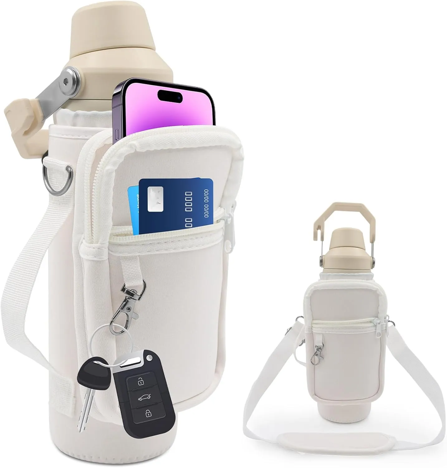 Water Bottle Holder with Phone Pocket for 24oz Stanley IceFlow Fast Flow with Handle Bottle Carrier Bag with Drawstring, Carrying Strap, Non Slip Shoulder strap for Stanley Cup