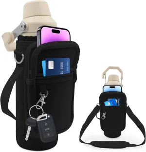 Water Bottle Holder with Phone Pocket for 24oz Stanley IceFlow Fast Flow with Handle Bottle Carrier Bag with Drawstring, Carrying Strap, Non Slip Shoulder strap for Stanley Cup
