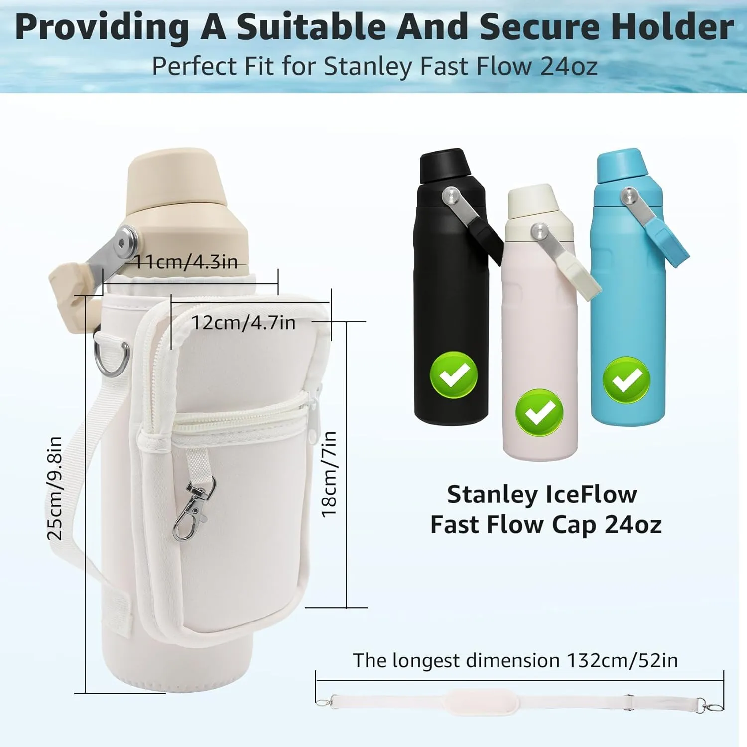 Water Bottle Holder with Phone Pocket for 24oz Stanley IceFlow Fast Flow with Handle Bottle Carrier Bag with Drawstring, Carrying Strap, Non Slip Shoulder strap for Stanley Cup