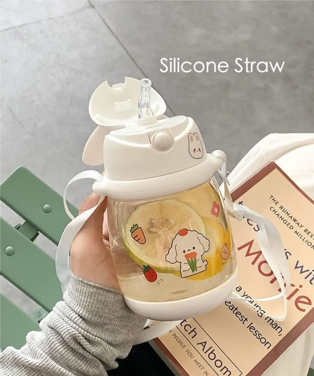 Water Bottle Kettle with Straw with Sticker Cute Rabbit Water Bottle School Sports Easy Open Leakproof Silicone Water Cup(White Stickers,550ml)