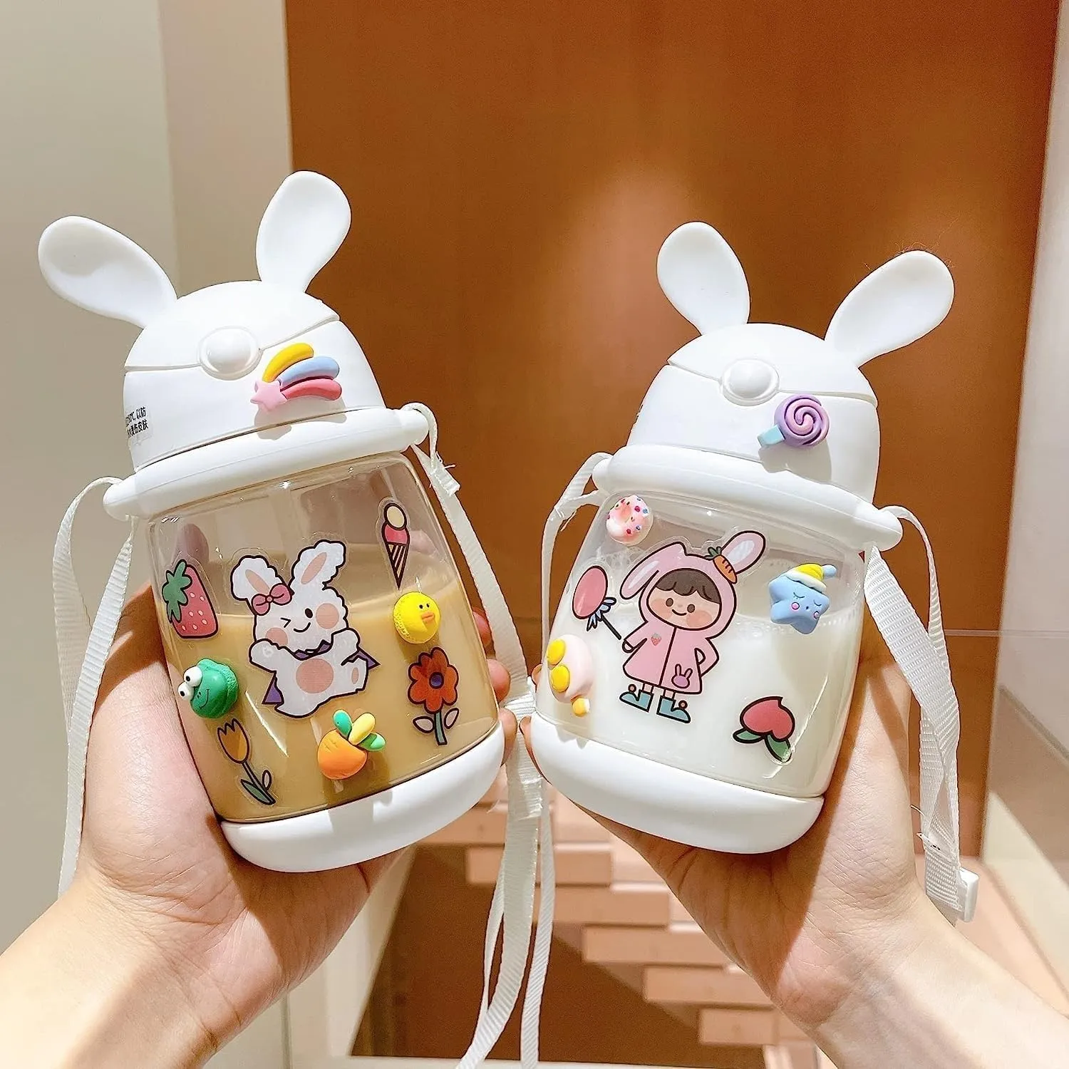 Water Bottle Kettle with Straw with Sticker Cute Rabbit Water Bottle School Sports Easy Open Leakproof Silicone Water Cup(White Stickers,550ml)