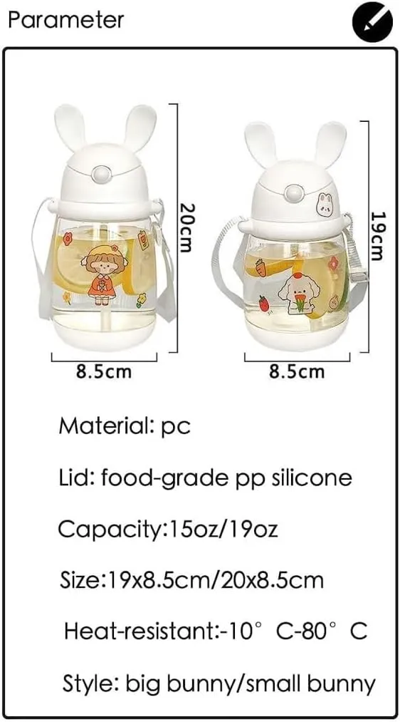 Water Bottle Kettle with Straw with Sticker Cute Rabbit Water Bottle School Sports Easy Open Leakproof Silicone Water Cup(White Stickers,550ml)