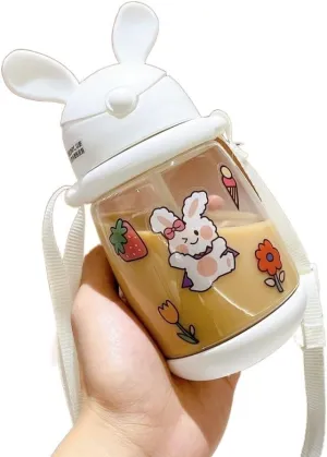 Water Bottle Kettle with Straw with Sticker Cute Rabbit Water Bottle School Sports Easy Open Leakproof Silicone Water Cup(White Stickers,550ml)
