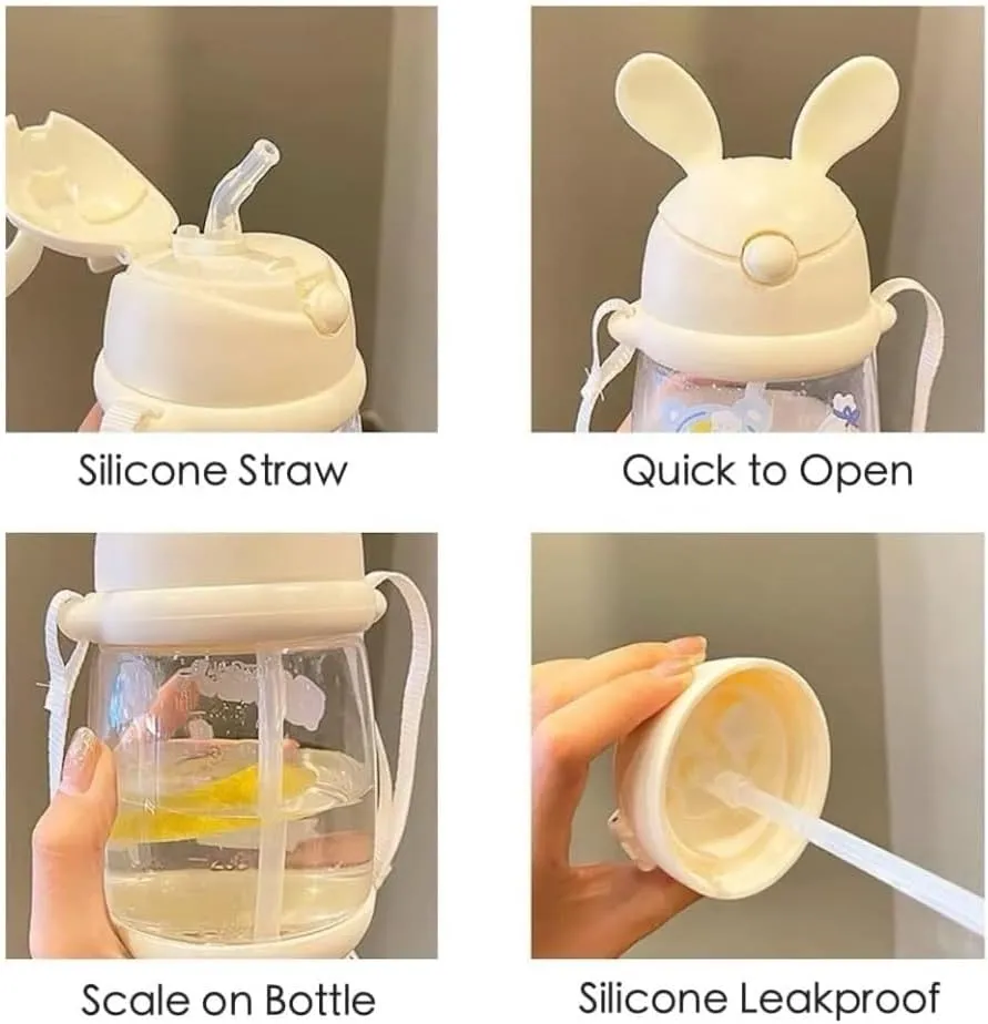 Water Bottle Kettle with Straw with Sticker Cute Rabbit Water Bottle School Sports Easy Open Leakproof Silicone Water Cup(White Stickers,550ml)