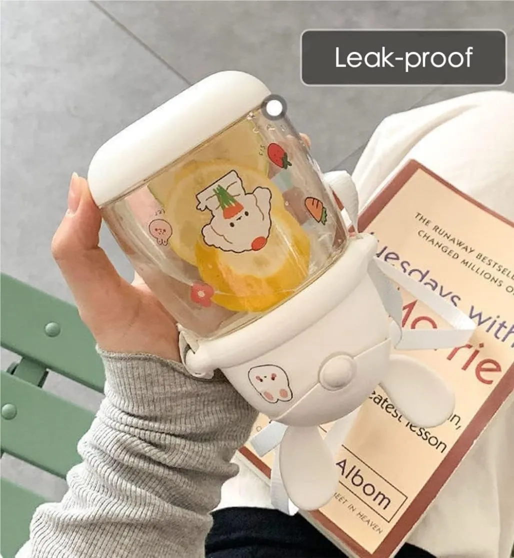 Water Bottle Kettle with Straw with Sticker Cute Rabbit Water Bottle School Sports Easy Open Leakproof Silicone Water Cup(White Stickers,550ml)