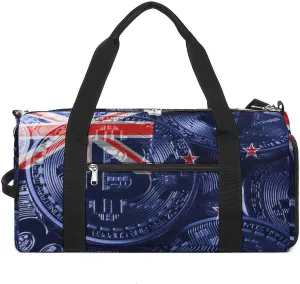 Waterproof New Zealand Flag Bitcoin Duffel Bag with Shoe Compartment Gym Travel Yoga