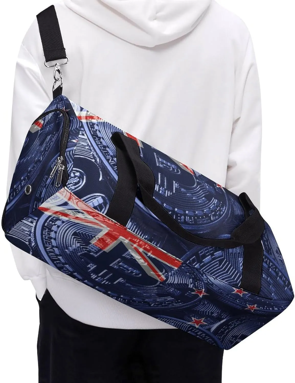 Waterproof New Zealand Flag Bitcoin Duffel Bag with Shoe Compartment Gym Travel Yoga
