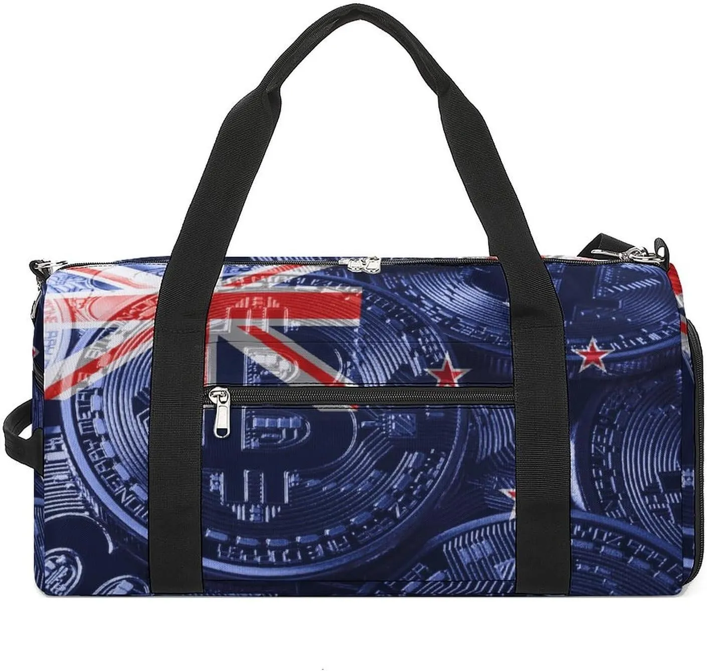 Waterproof New Zealand Flag Bitcoin Duffel Bag with Shoe Compartment Gym Travel Yoga