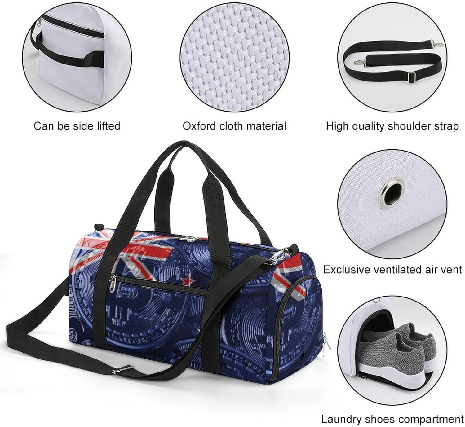 Waterproof New Zealand Flag Bitcoin Duffel Bag with Shoe Compartment Gym Travel Yoga