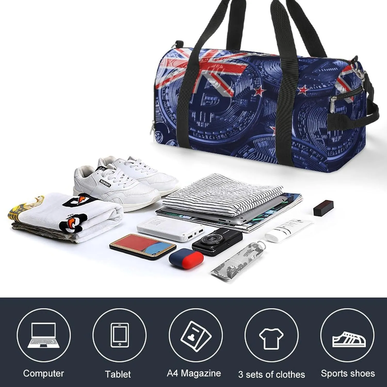 Waterproof New Zealand Flag Bitcoin Duffel Bag with Shoe Compartment Gym Travel Yoga
