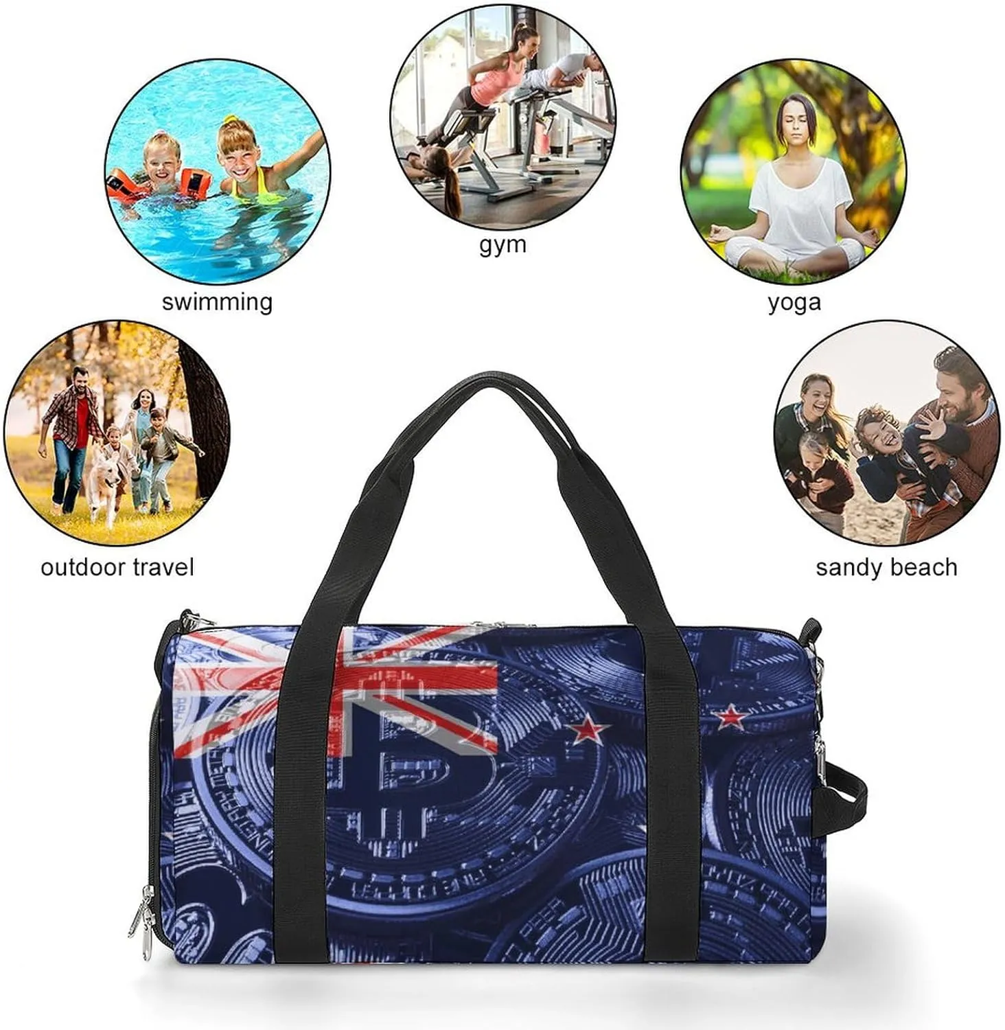 Waterproof New Zealand Flag Bitcoin Duffel Bag with Shoe Compartment Gym Travel Yoga