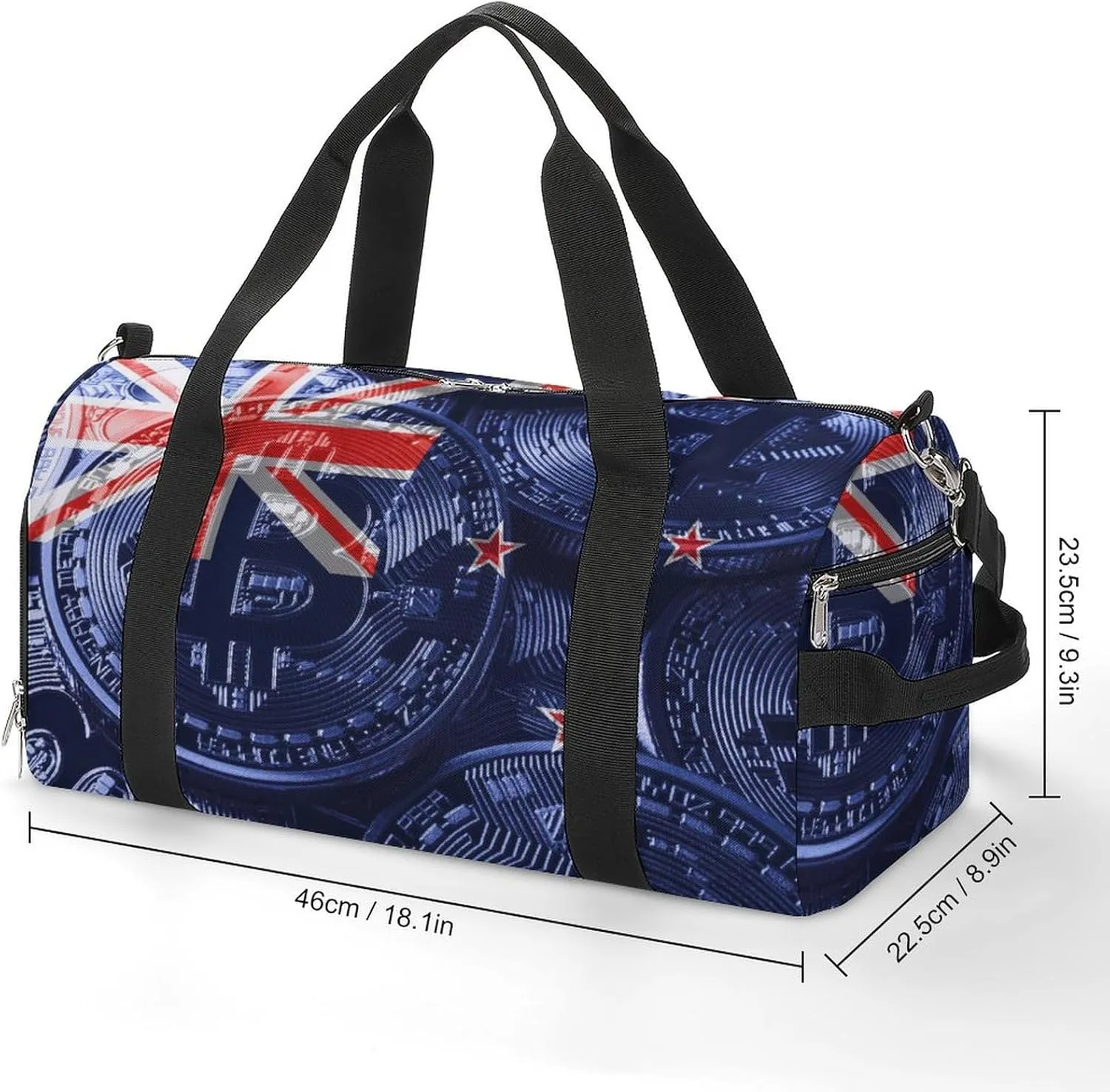 Waterproof New Zealand Flag Bitcoin Duffel Bag with Shoe Compartment Gym Travel Yoga