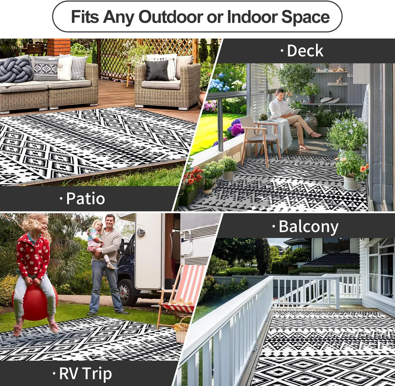 Waterproof Outdoor Rug 5x8ft, Bohemia Reversible Plastic Straw Mat for Patio RV Deck Porch Backyard Balcony Camping Picnic Beach Indoor Outdoor Carpet, Black&White